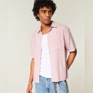 Hollister Pink Boxy Short Sleeve Microplaid Pocket Shirt Size M